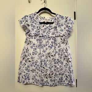 LOFT Flutter Sleeve, Peasant Style, Floral Top - Blue and White - Size Large (L)